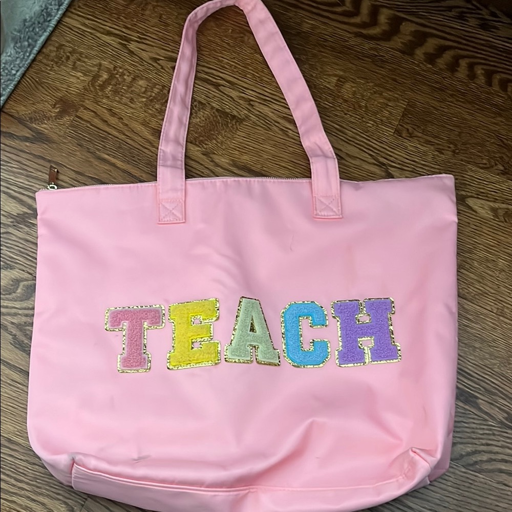 Pink Tote Bag with 'TEACH' Embroidery